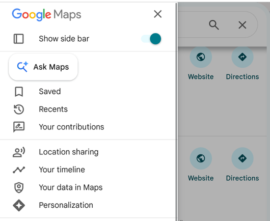 Google Maps sidebar. A large, inviting "Ask Maps" button hovers above everything else