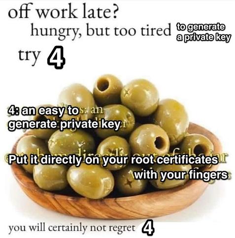 30-40 olives meme, with new text superimposed:
Off work late? Hungry but too tired to generate a private key? Try 4
4: an easy to generate private key. 
Put it directly on your root certificates with your fingers. 
You will certainly not regret 4