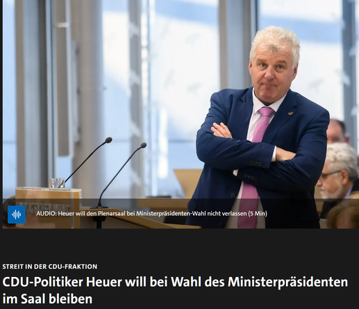 MDR: CDU-Politiker Heuer will bei Wahl des Ministerpräsidenten Sachsen-Anhalts im Saal bleiben